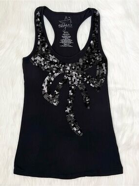 Miley Cyrus Maxazria Black Sequin Bow Racerback Tank Top